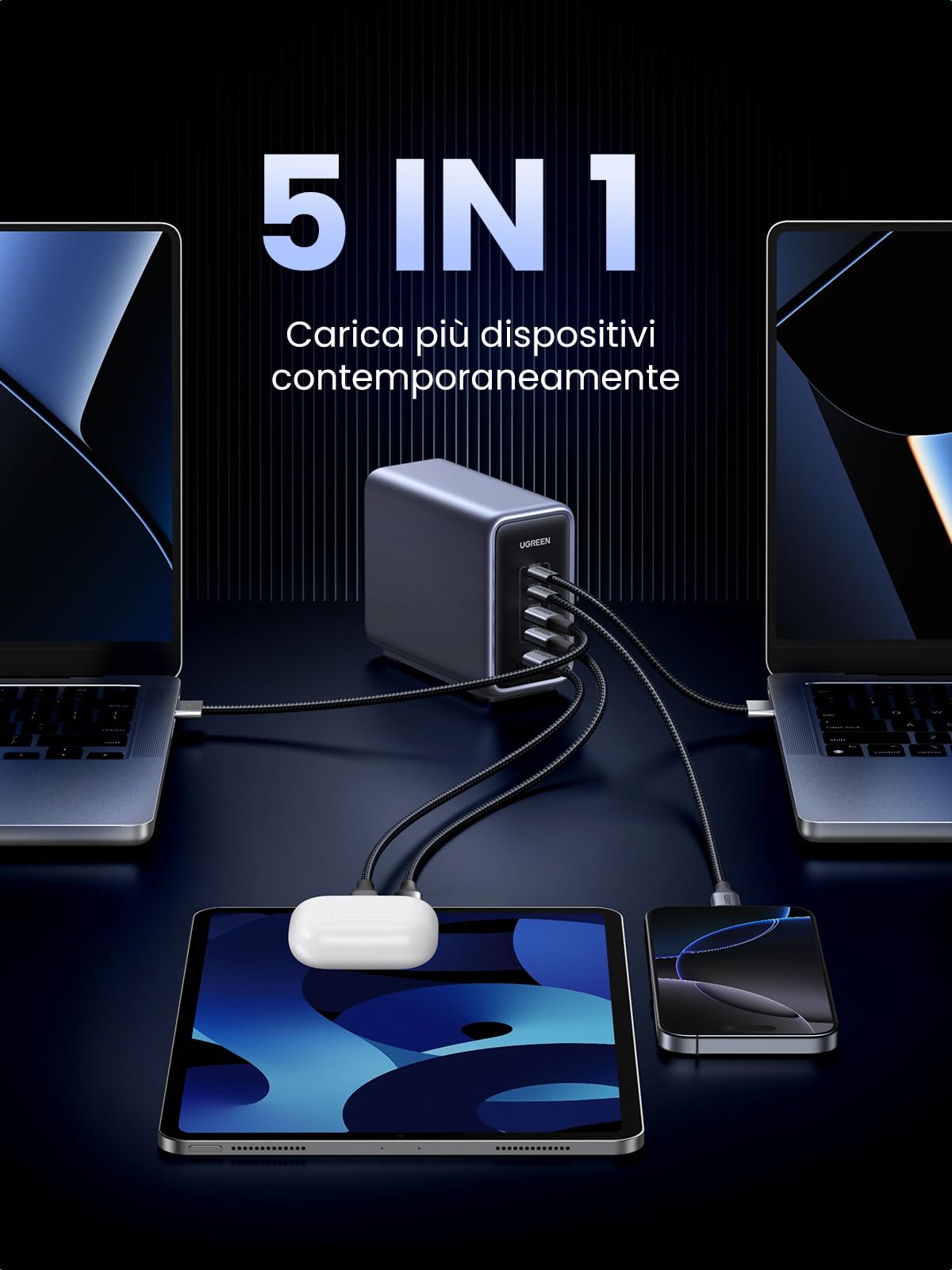 UGREEN Nexode Caricatore USB C GaN da 300W, Caricabatteria PD 3.1 con 5 Porte, Allimentatore a Porta Singola da 140W Compatibile MacBook iPhone 16 iPad Galaxy S24 Pixel Steam Deck con 240W Cavo 1.5M