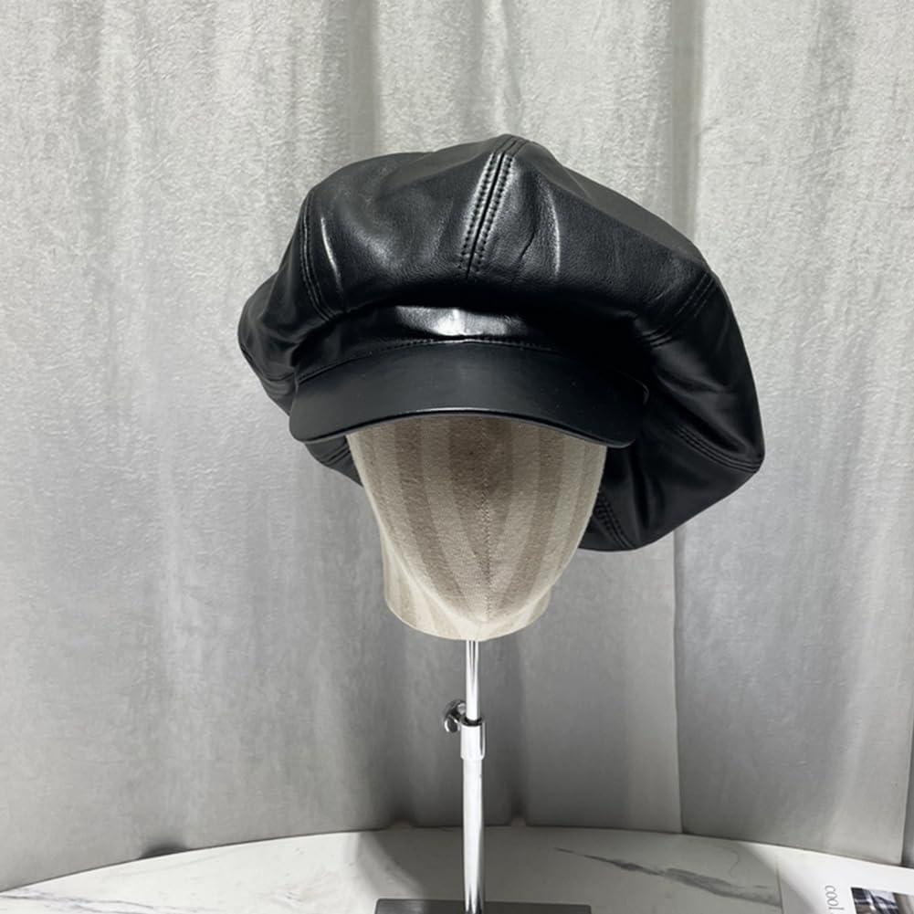 Newsboy Hats for Womens PU Leather 8 Panels Baker Boy Cabbie Baker Boy Hat Beret Cap Vintage Visor Hat (Black) - Image 8