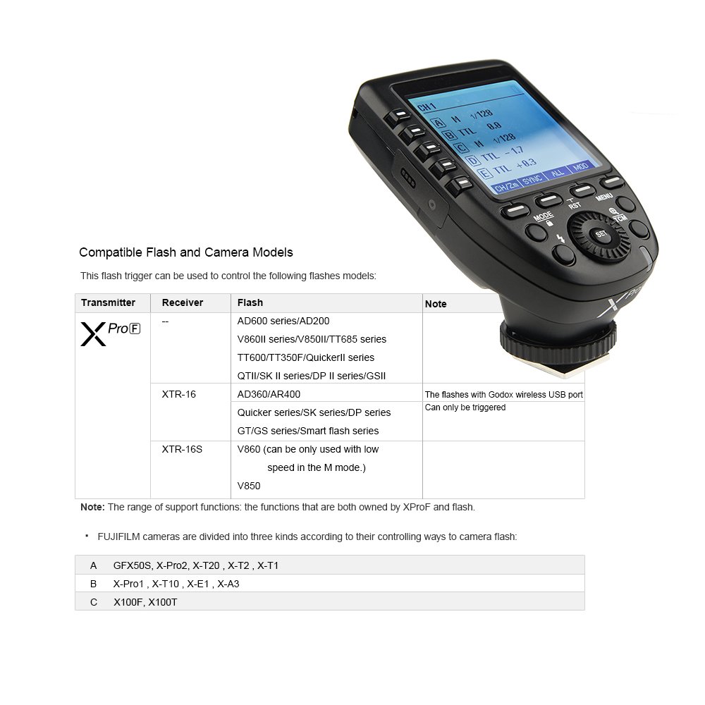 Godox Xpro-F TTL Wireless Flash Trigger Trasmettitore Supporto TTL Autoflash 1 / 8000s HSS Large LCD 5 Pulsanti di gruppo 11 Funzioni personalizzabili per Fujifilm