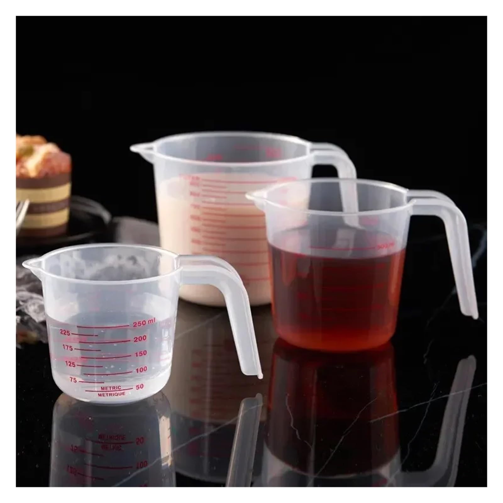 Messbecher 3 Stück 250–1500 ml transparenter Kunststoff-Messbecher mit abgestufter Messung for Haushalt, Küche, Backen, Messwerkzeug-Set, Becher Griffdesign(3pcs)
