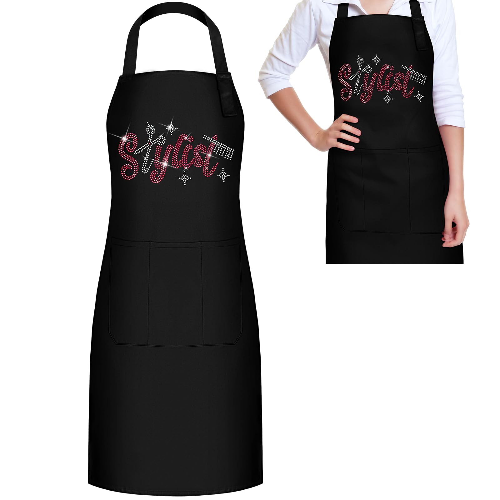 Coume Hair Stylist Apron Hairstylist Salon Apron with Rhinestone Tools and 3 Pockets Hairdresser Barber Aprons(Simple)