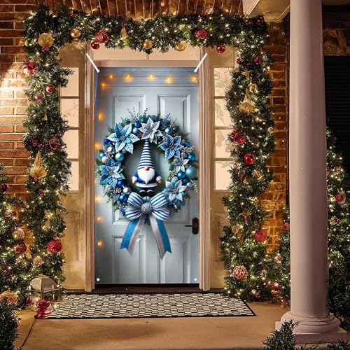 Image of BlissYard Christmas Door Cover 35x71 Inch Gnome Wreath Holiday Decor
