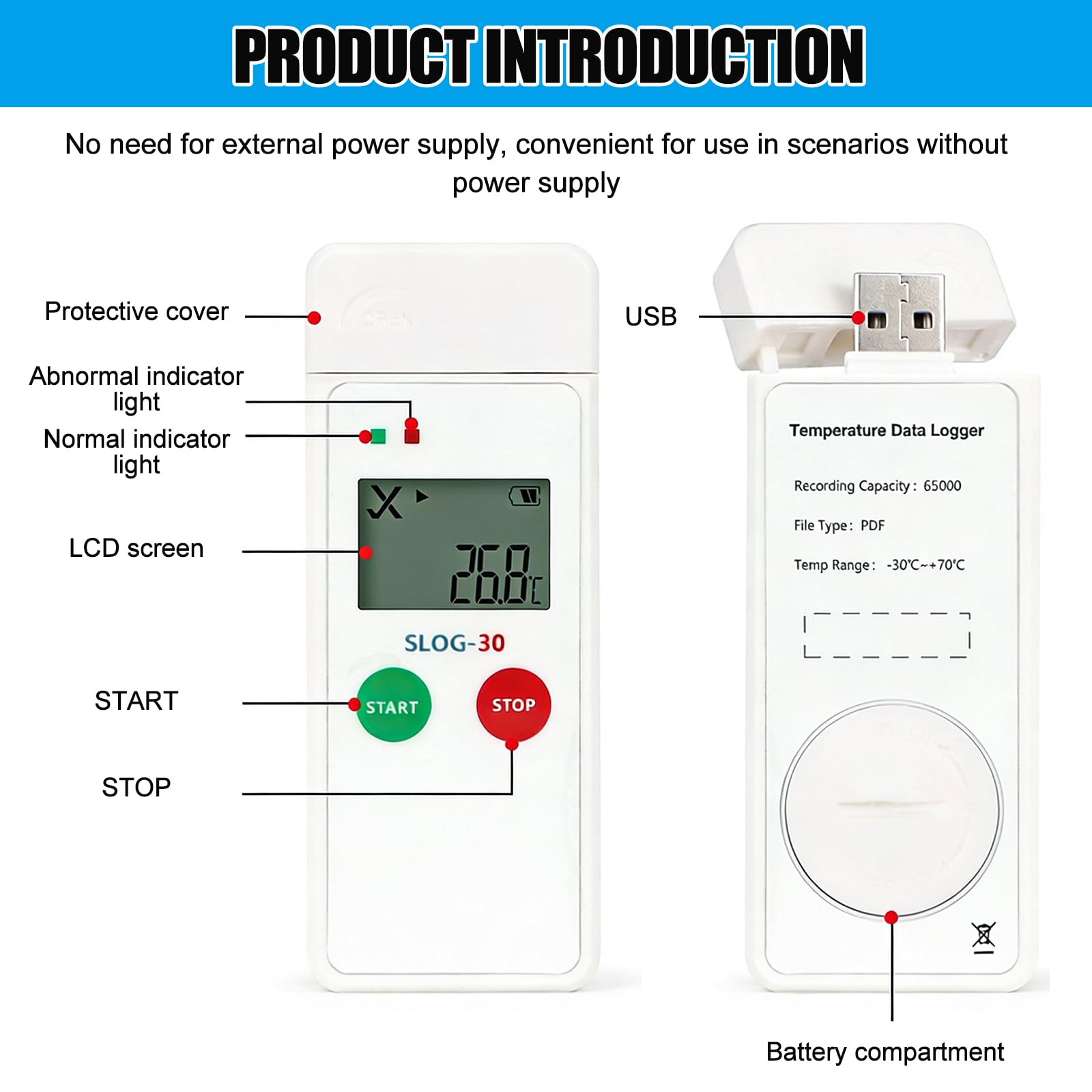 Registratore di temperatura USB digitale 65000 punti, logger con grande schermo LCD e rapporti PDF