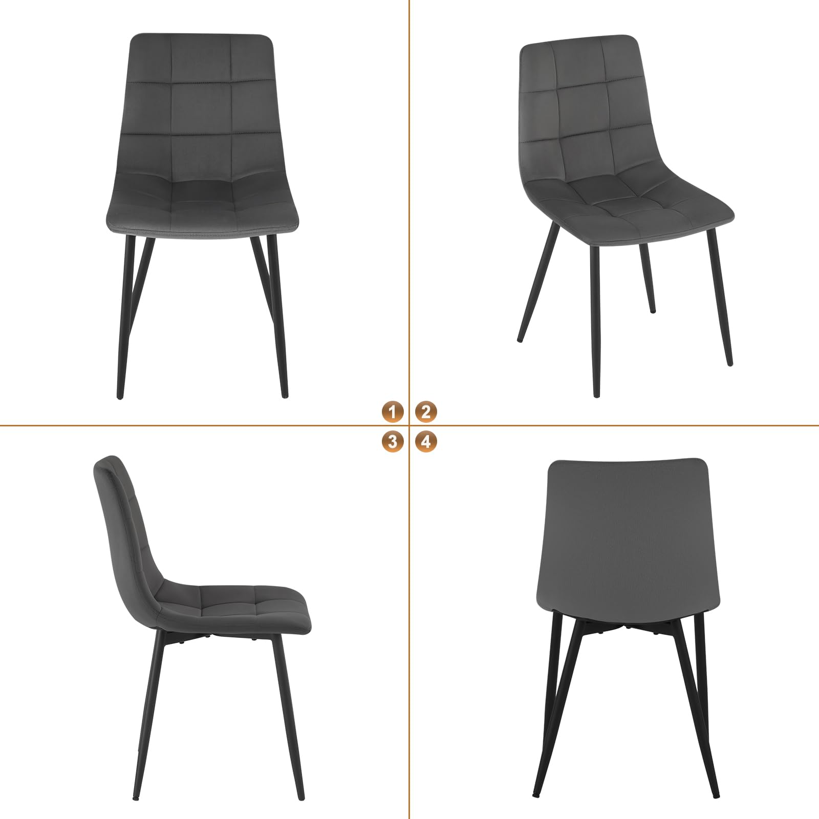 EUGAD Esszimmerstühle 4er Set, für Esszimmer Küche Wohnzimmer, Küchenstühle gepolstert mit Rückenlehne Samtbezug, mit Metallbeinen, 150 kg belastbar, Dunkelgrau
