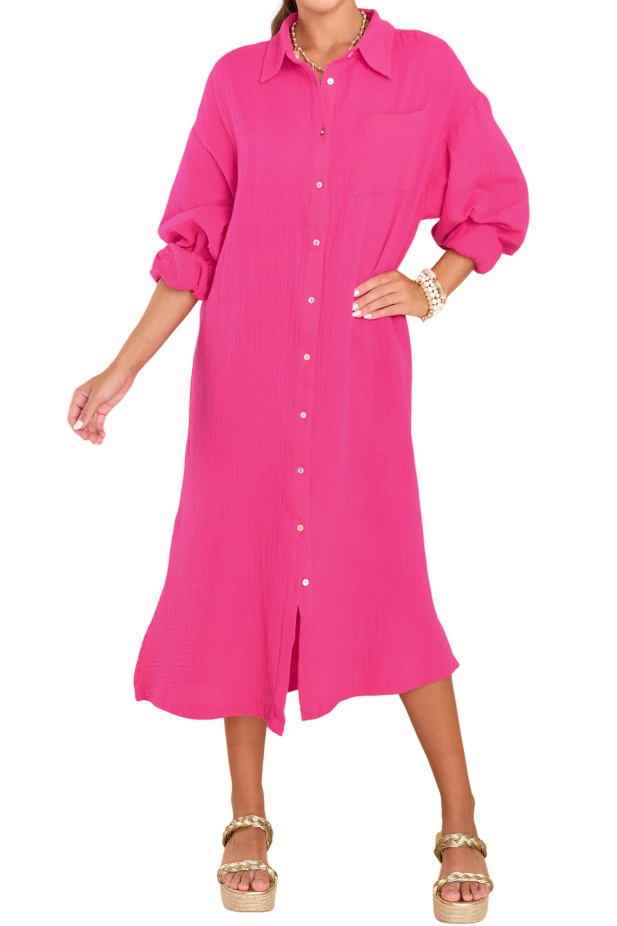 Photo 1 of R.Vivimos Women's Long Sleeve Cotton Oversized Dress Casual Button Down Loose Slit Midi Dress with Pocket (X-Large, Rosered)