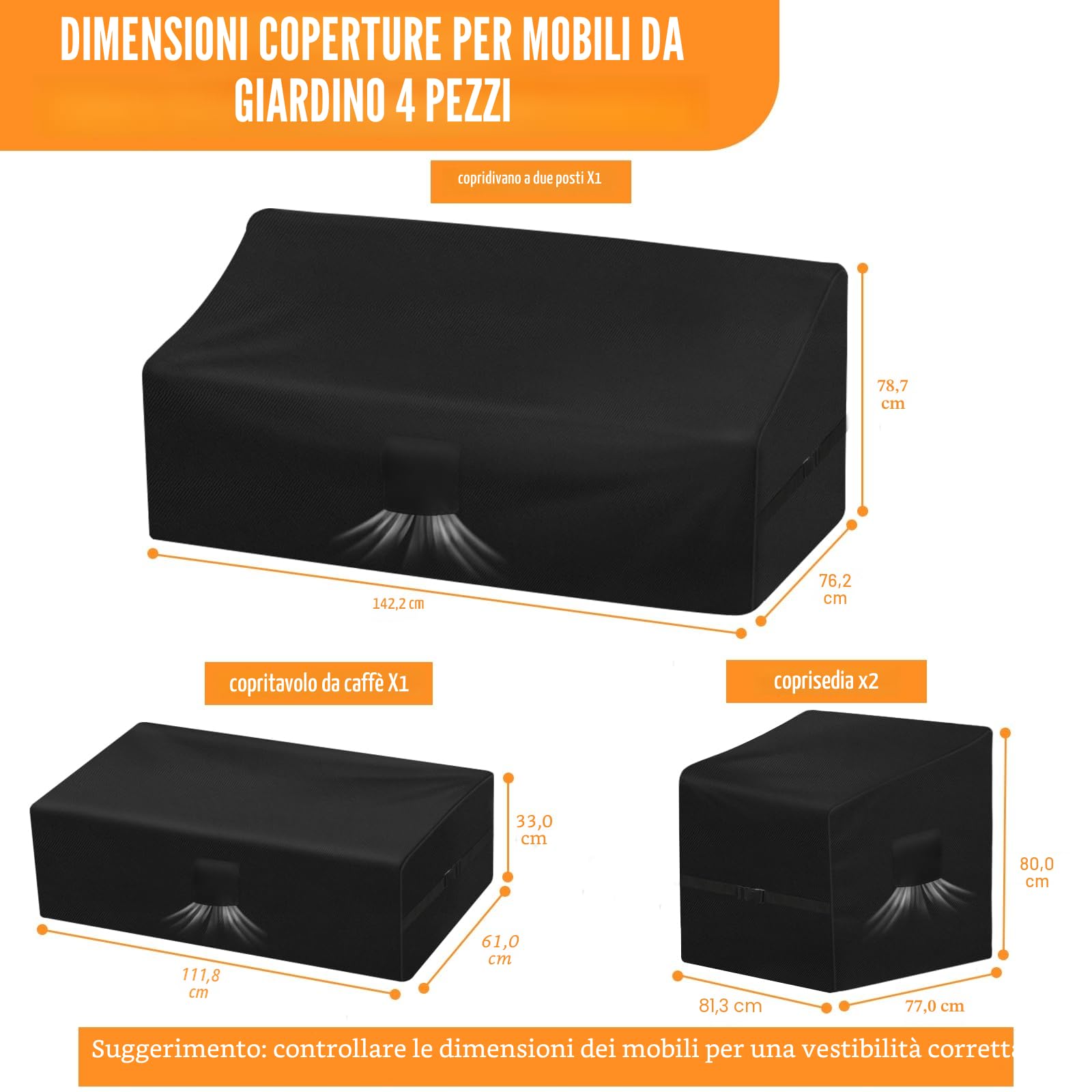 Copertura per mobili da giardino impermeabile 4 pezzi set veranda esterna (Nero)