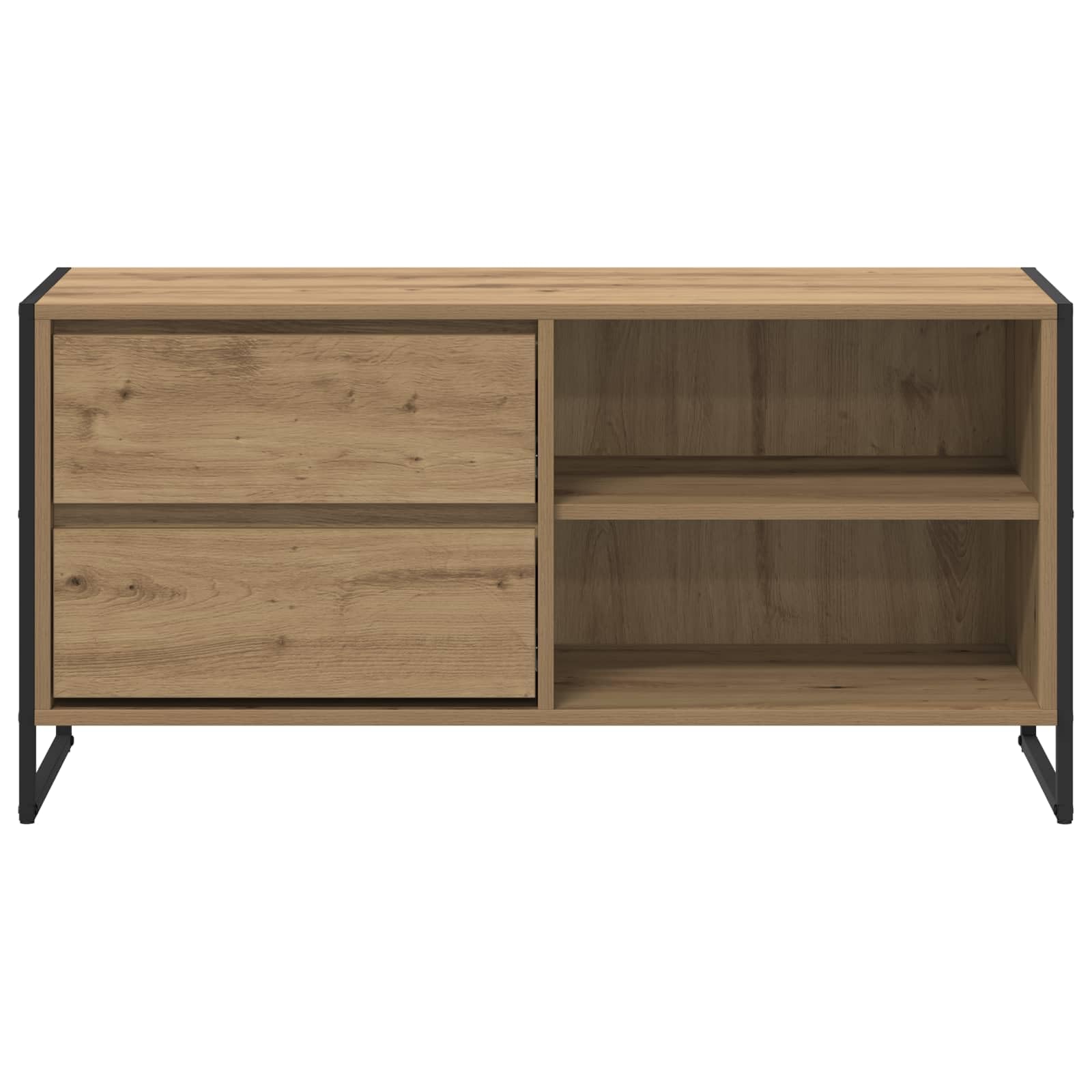 39-Inch Industrial TV Stand with Drawer and Steel Legs, Oak | Crafted from engineered wood, this low profile media center offers open and closed storage for living room entertainment.