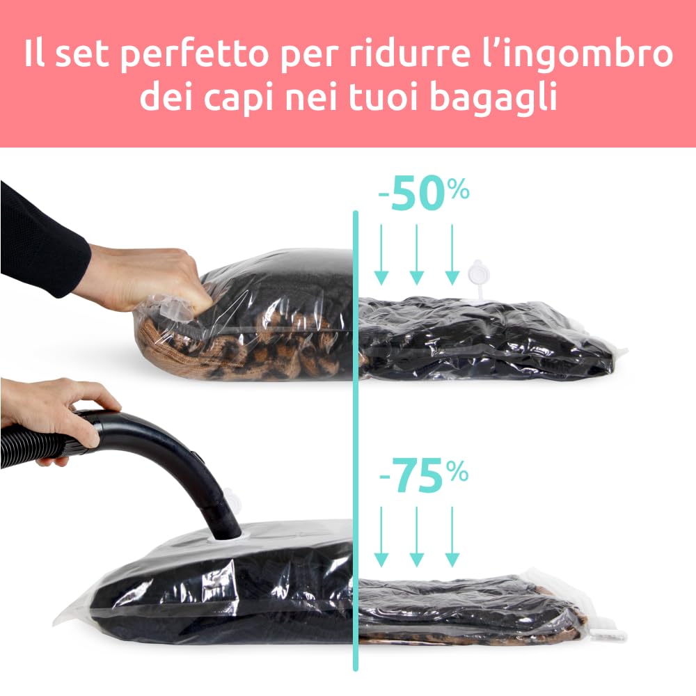 Compactor Sacchi Sottovuoto da Viaggio per Valigia Smart Travel – Set 7 Pezzi con Pompa Elettrica Ricaricabile e 6 Sacchetti Salvaspazio 40x60 cm