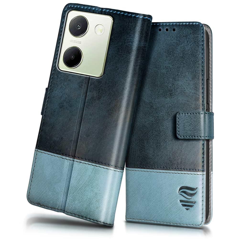 FLIPPED Vegan Leather Flip Case Back Cover for Vivo Y200 Pro 5G | Y300 Plus 5G (Flexible, Shock Proof | Hand Stitched Leather Finish | Card Pockets Wallet & Stand | Blue with Aquamarine) (B0DCP1T59F) Amazon Price History, Amazon Price Tracker