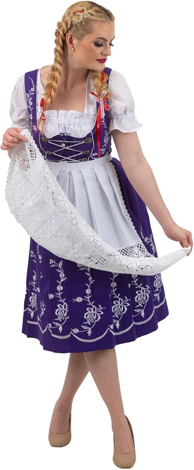 Dirndl Trachten Haus 3 Piece Long Purple Cotton Dirndl Dress For German Oktoberfest - Image 3