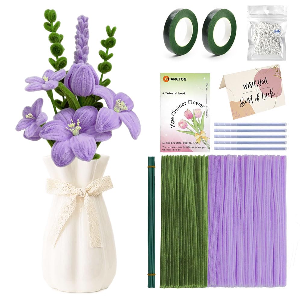 Kit de 480 limpiapipas morados con flores, alambres florales, cinta floral y perlas, limpiadores de pipa esponjosos, suministros para manualidades, kit de flores DIY para bodas, regalos del Día de la Madre, decoración navideña.