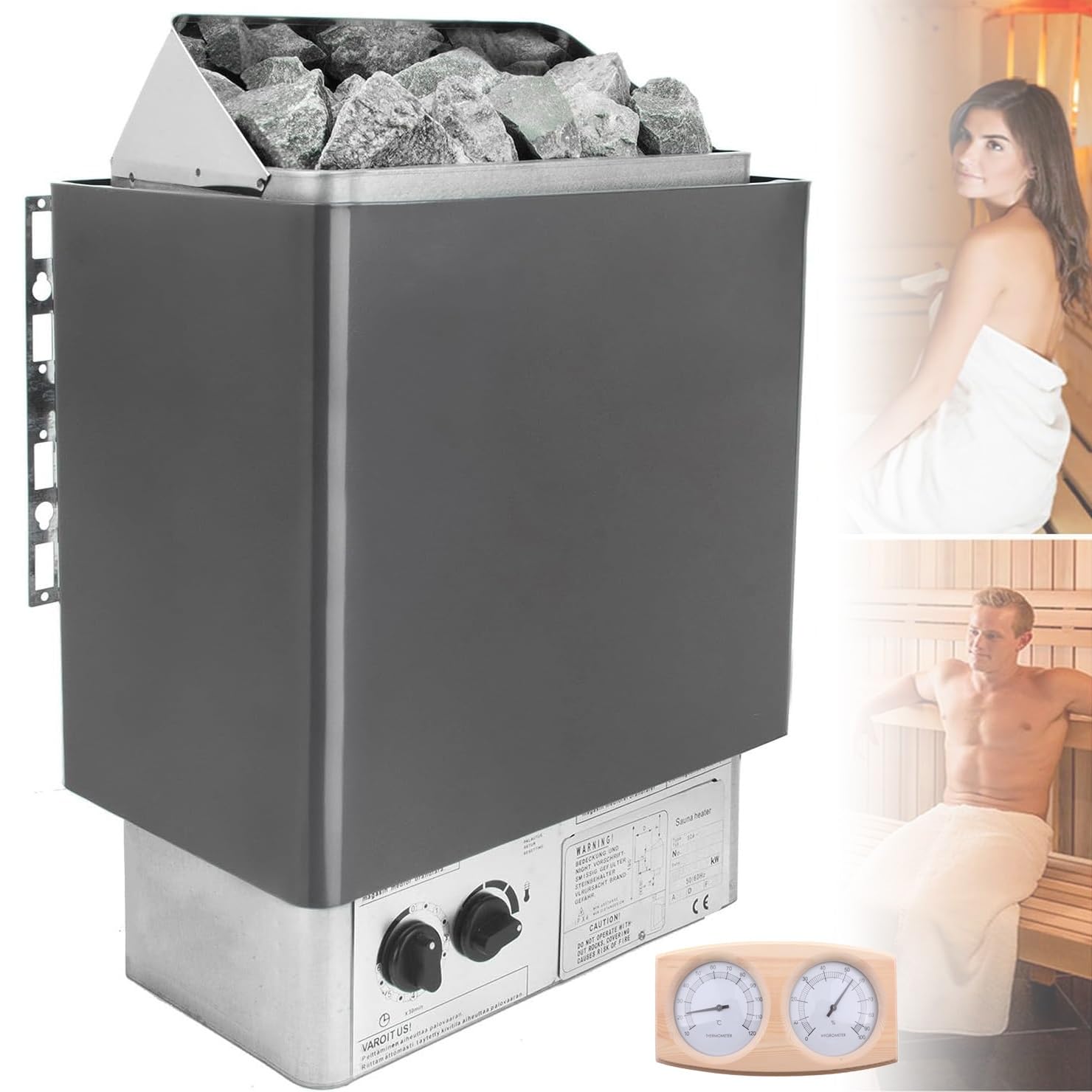 Calentador eléctrico de sauna con termo higrómetro, 3-9 kW 220 V, controles integrados, para el hogar, hotel, spa, máx. 459 pies cúbicos (4,5 KW)