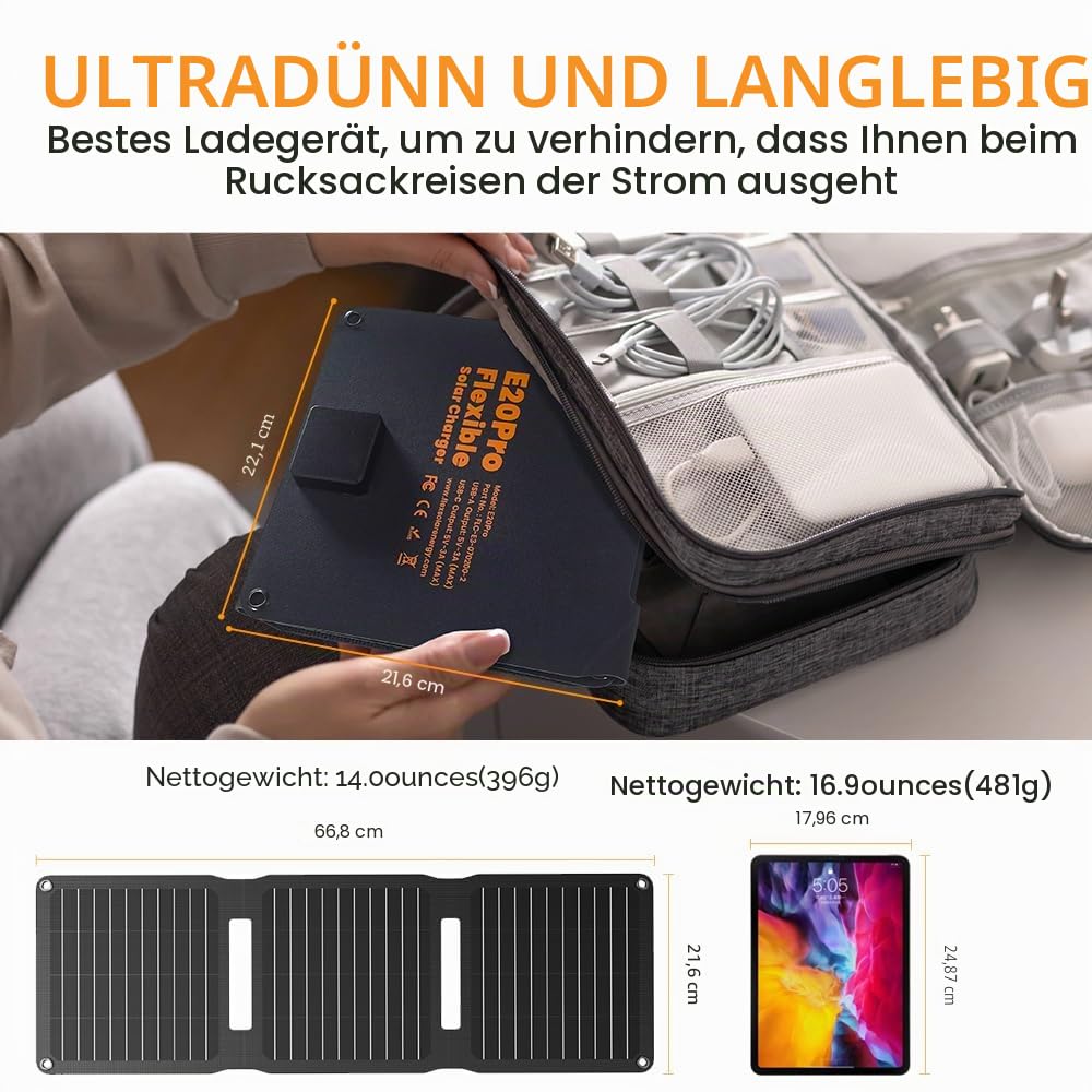 FlexSolar Solarmodul-Ladegerät, 20 W, 5 V, USB-A, USB-C-Ausgang, tragbar, faltbar, kleine Leistung, IP67, wasserdicht, Camping, Rucksackreisen, Wandern, Notfall für Handys, Powerbanks,