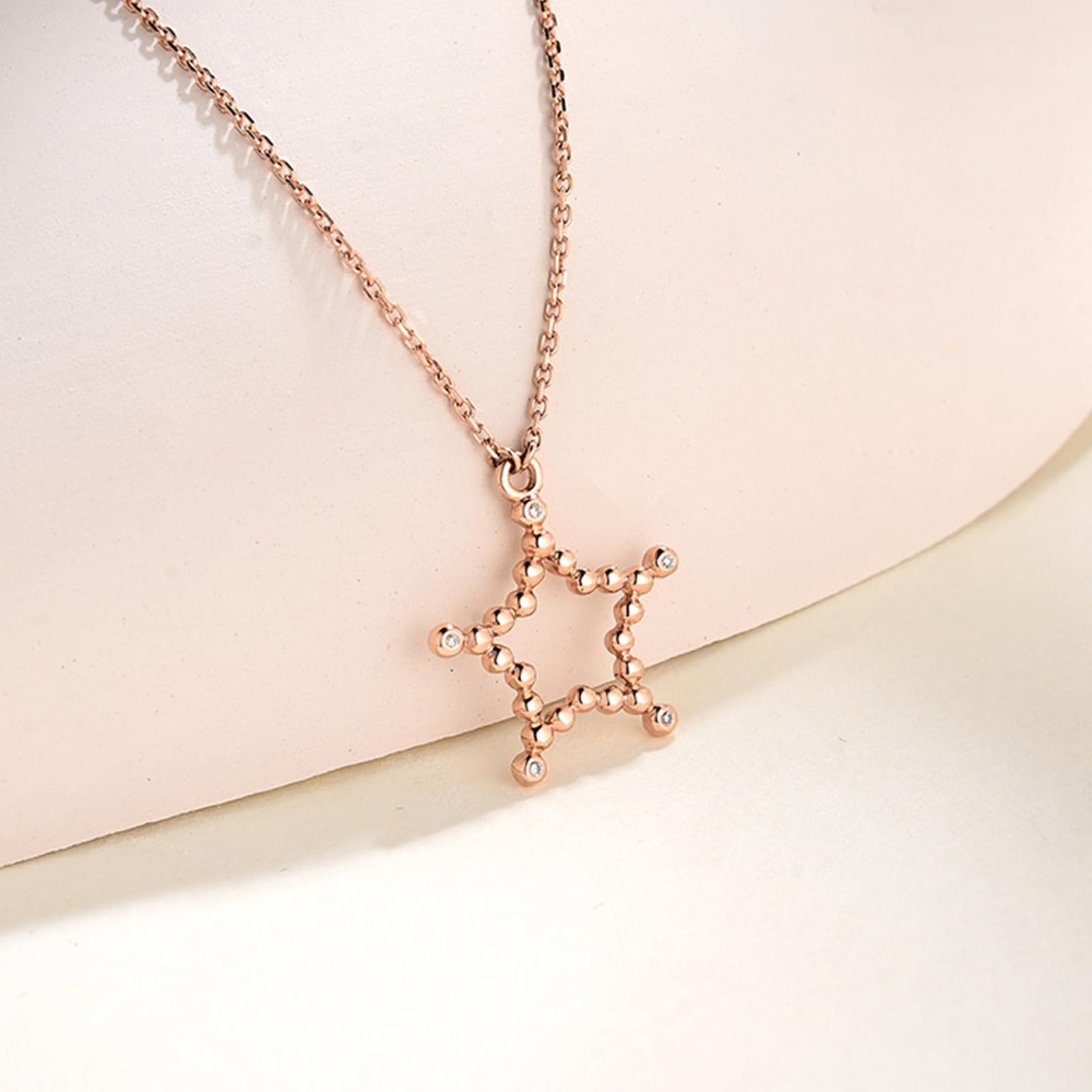 Collar de oro para mujer, estrella hueca de oro rosa de 9 quilates, 14 quilates, 18 quilates con diamante redondo de 0,01 quilates, collares de 14 quilates para mujer