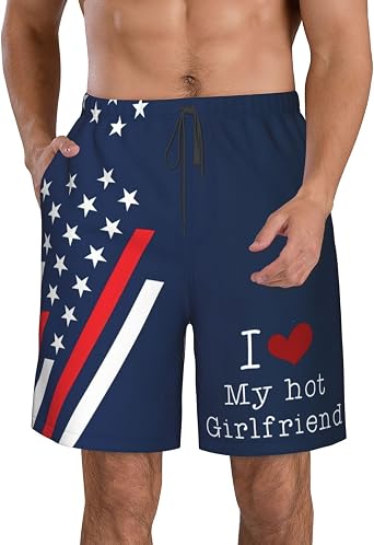 Heart I Love My Hot Girlfriend Mens Swim Trunks with Liner Quick Dry Bathing Suit Board Shorts with Pockets - X-Large White