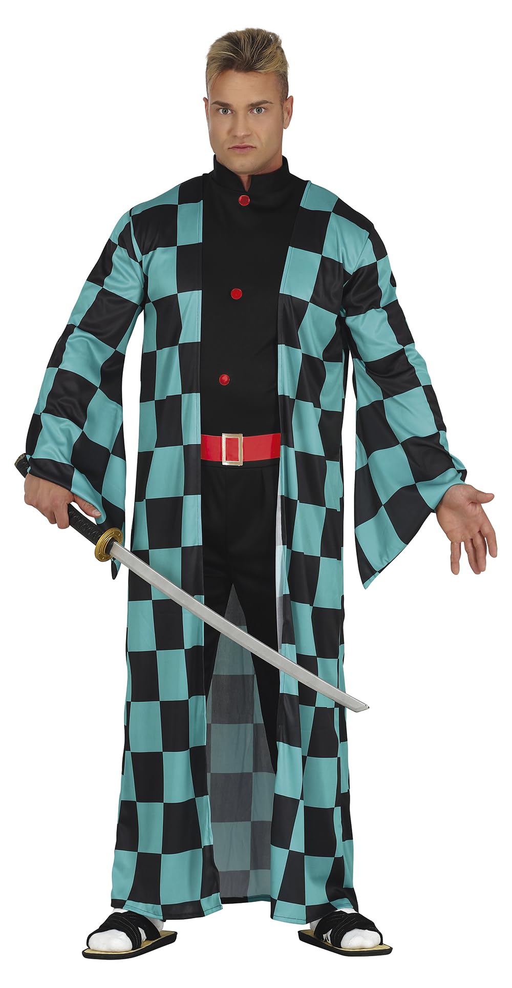 FIESTAS GUIRCA Manga Warrior- Anime Hero Turquoise Checked Blue and Black Kimono for Men Size L