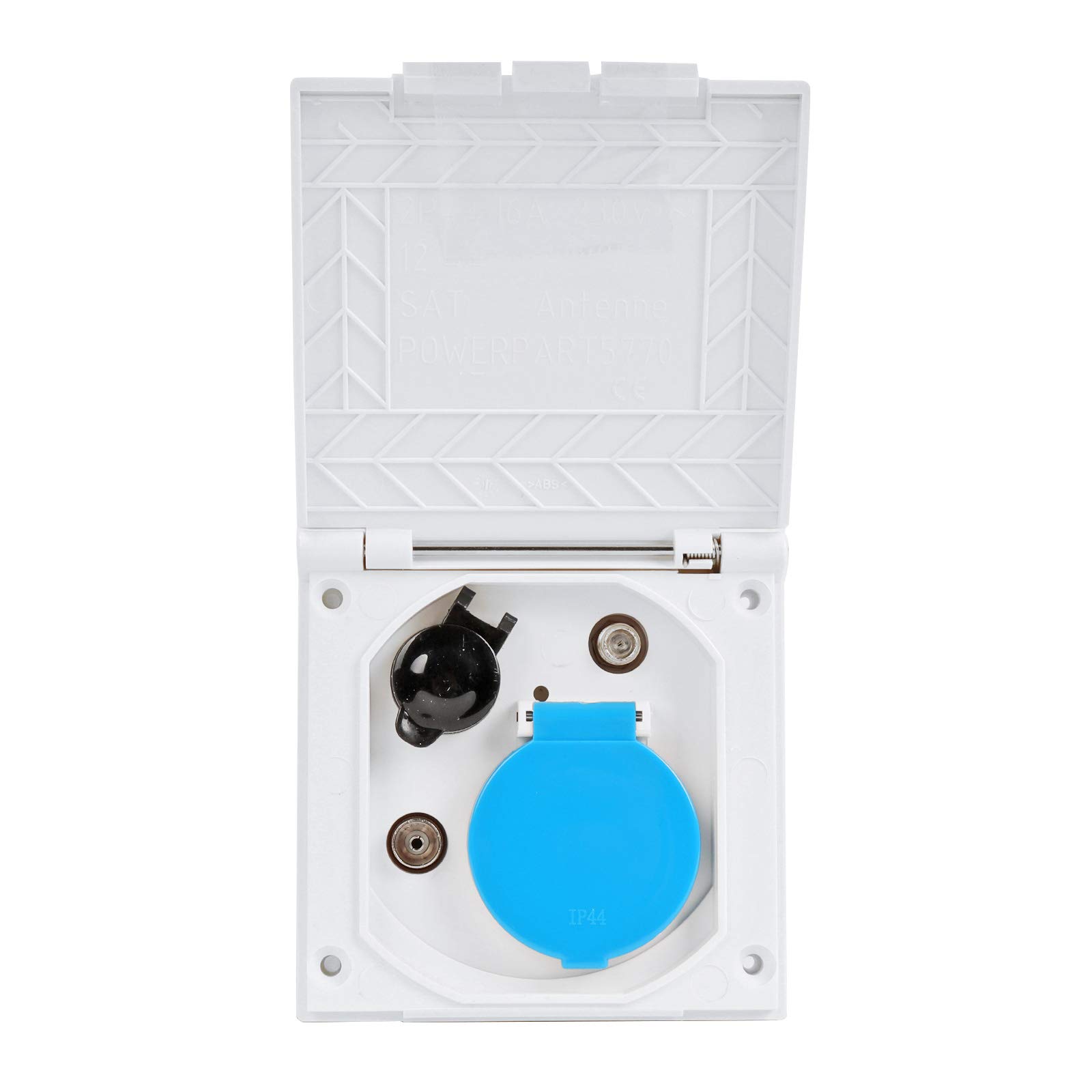 CEE - Enchufe para exteriores (240 V, 12 V, antena satélite, IP44, ideal para caravanas, autocaravanas o autobuses de camping), color blanco