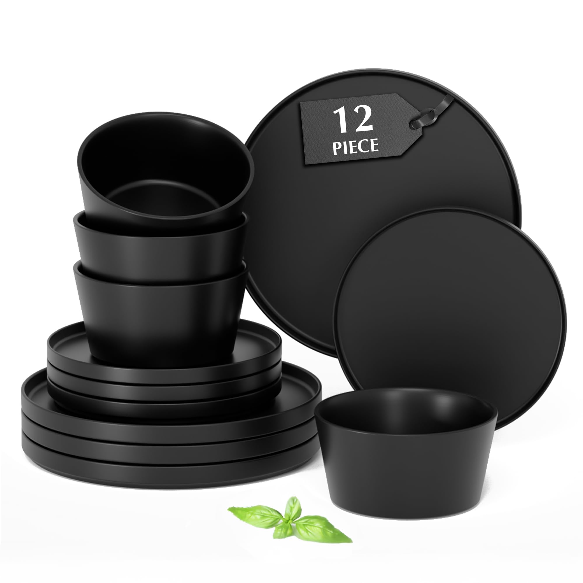 MIAMIO - Modern Dinnerware for 4/Ceramic Tableware (12-Piece, Black) - Luxe