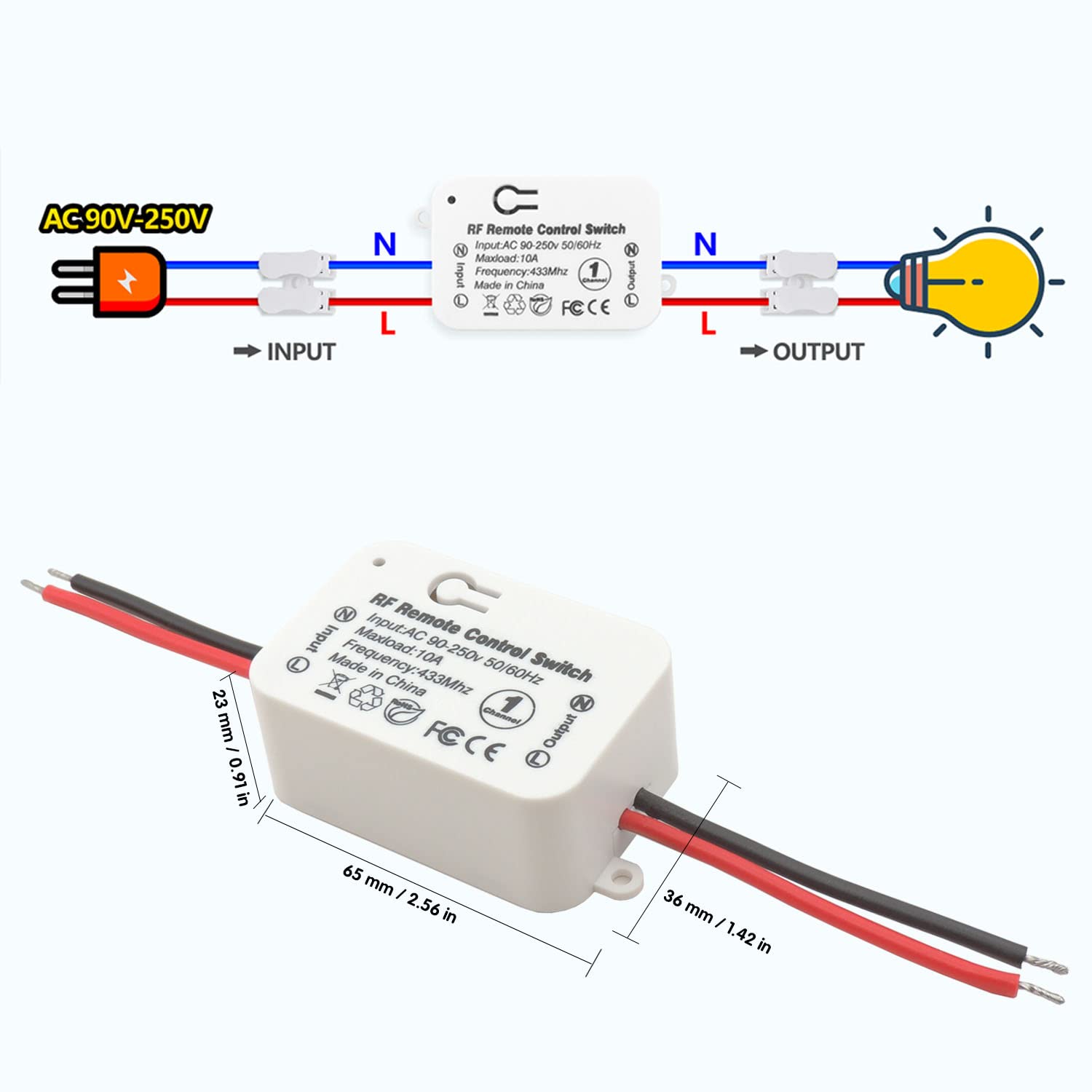 DieseRC AC 230V 220V Interruttore della luce telecomando senza fili 1500W 1 canale 433Mhz Ricevitore relè RF con 2 trasmettitori, facile da installare