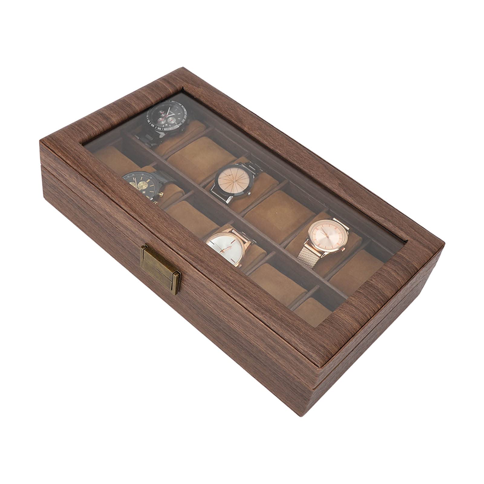 Uhrenbox-Organizer mit 12 Fächern, luxuriöser Uhrenausstellungsbox in Holzmaserung mit ultraglattem PU-Leder-Innenfutter für Herren und Damen, kratzfeste Aufbewahrungsbox für Uhren
