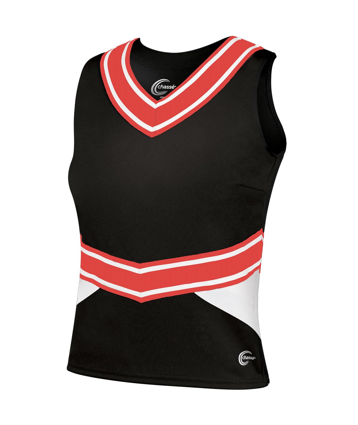 chassé Cheerleading Uniform Top for Girls - Blaze Boost, Fitted V-Neck Shell Top (Black/White/Orange, AM)