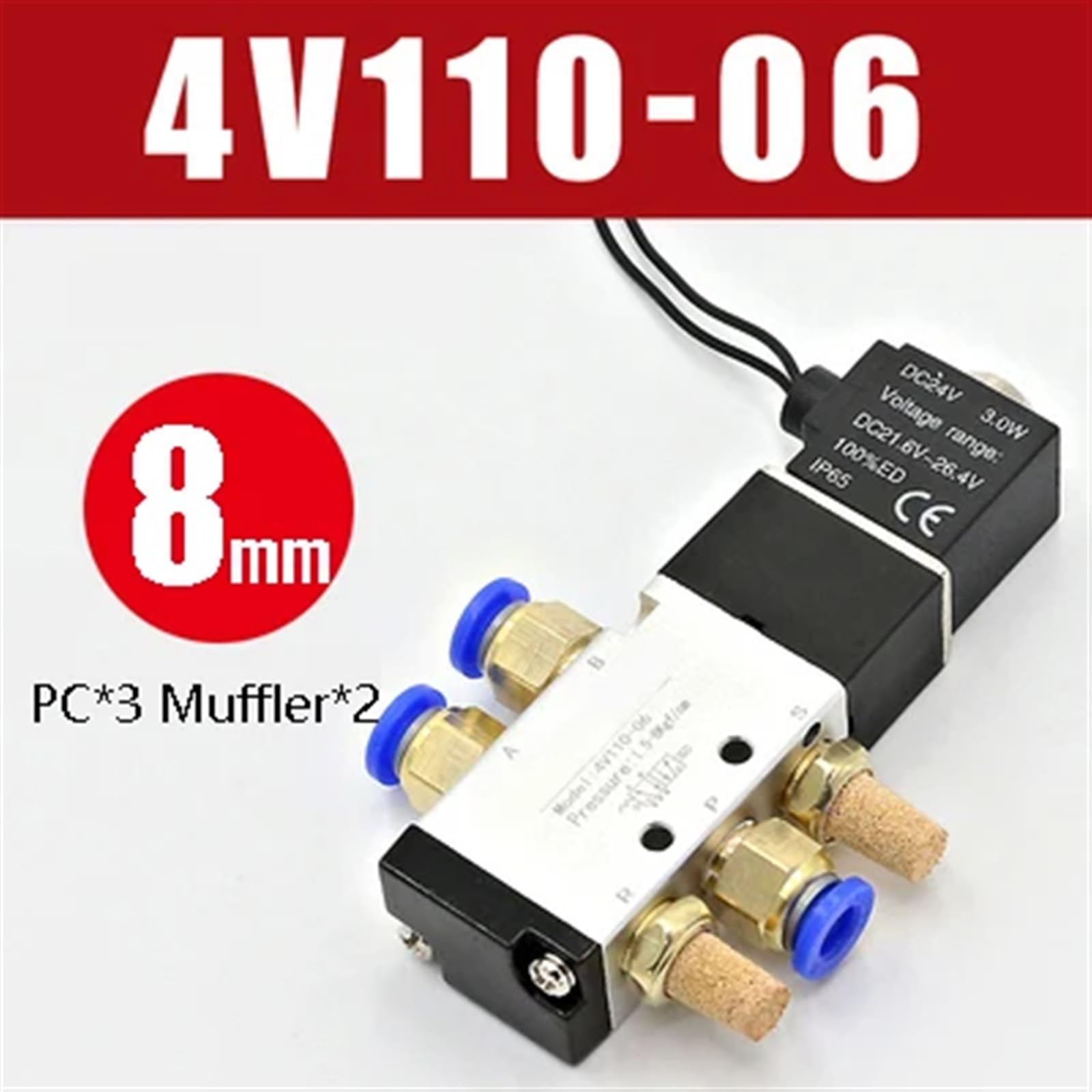 4V110-06 1/8 Air Solenoid Valve PNEUMAT VALV 5 Way Port 2 Position Gas Pneumatic Electric Magnetic Valves DC12V 24V 110V 220V(Wire W 8mm Fittings,Silver)