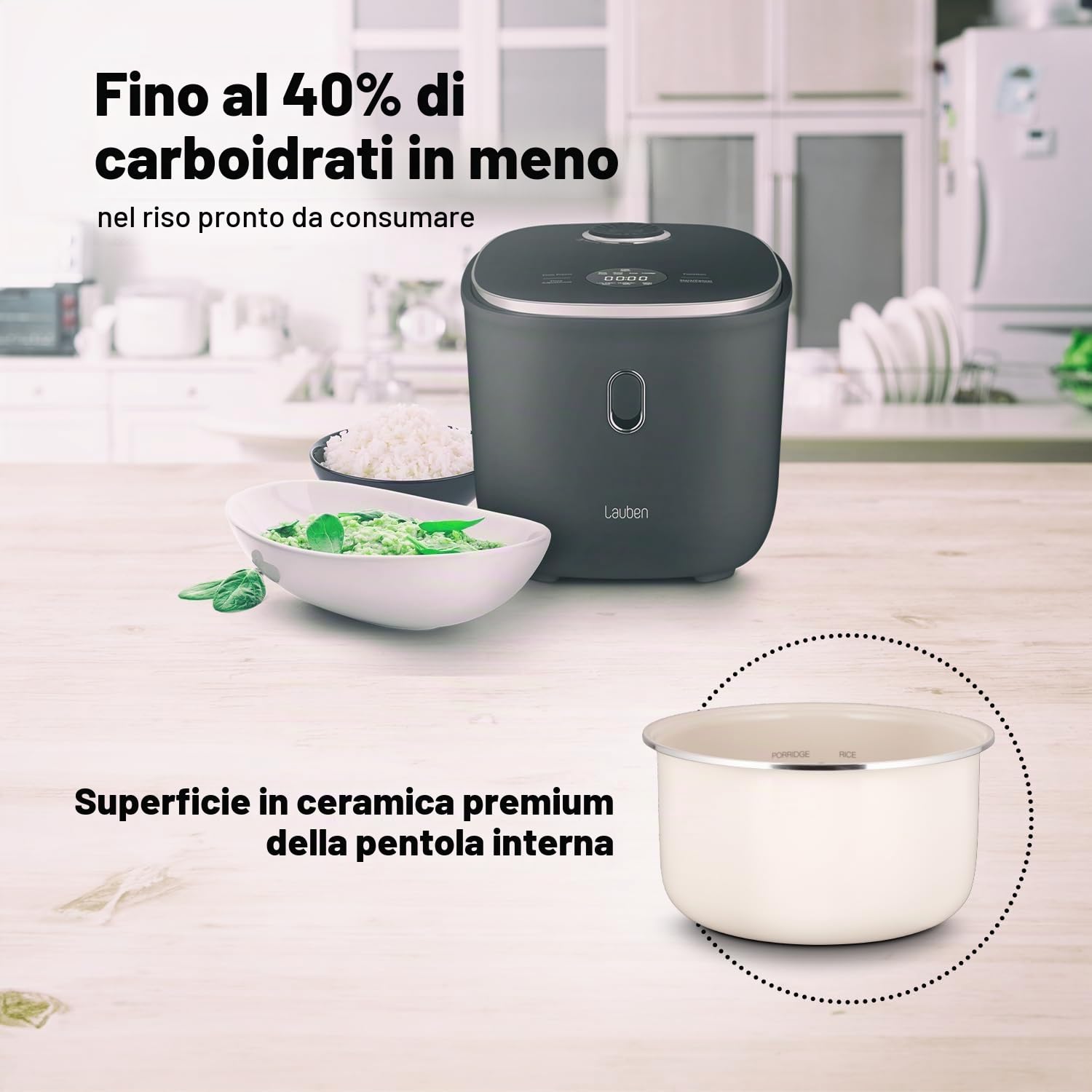Lauben Low Sugar 3000AT Cuociriso con funzione Low-Sugar, volume 3l, 6 modalità, avvio ritardato, superficie in ceramica antiaderente lavabile in lavastoviglie, libro di cucina (antracite)