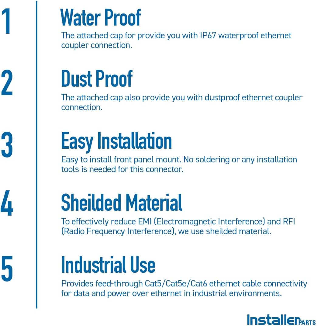 InstallerParts Cat6 RJ45 Shielded Industrial Panel Mount Bulkhead Female/Female Feed Thru Coupler - Network Connectors - IP67 Waterproof/Dust Cap, 5 Pack, Black