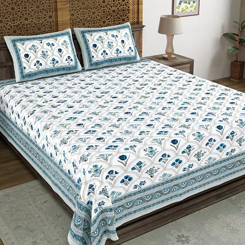 Image of BLOCKS OF INDIA Hand Block Printed 200 TC Cotton King Size Bedsheet (Grey Rose)
