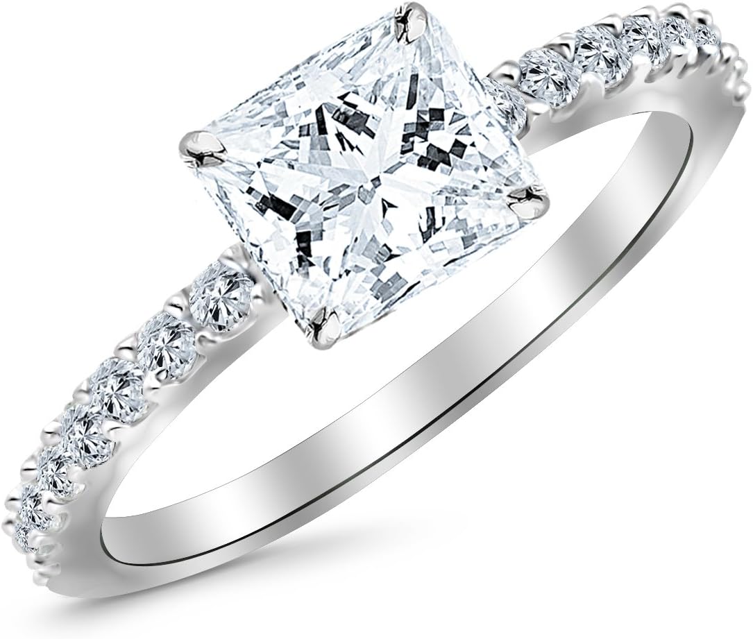 1.04 Carat Classic Sidestone Pave Set Diamond Engagement Ring with a 0.71 Carat Princess Cut H Color VS2 Clarity Center Stone