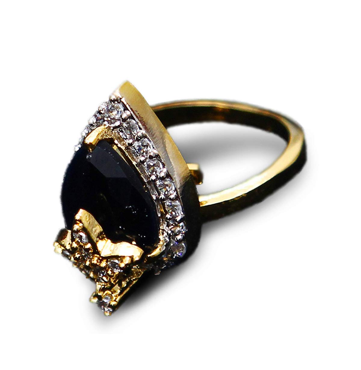 Traditionl Looking Polki Ring Pear Blue Sapphire, Cubic Zircon, Ruby Blue-White Rich 14K Gold Plated Fashion Jewellery for Girls Ladies Women MKR 93-BLUE