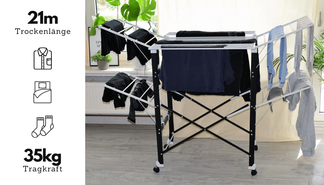 Loving Home® składana suszarka na pranie, suszarka stojąca, wieża 175 x 83 x 112 cm, na kółkach, obciążenie do 35 kg, długość suszenia 21 m, stabilna, składana, z 4 skrzydłami