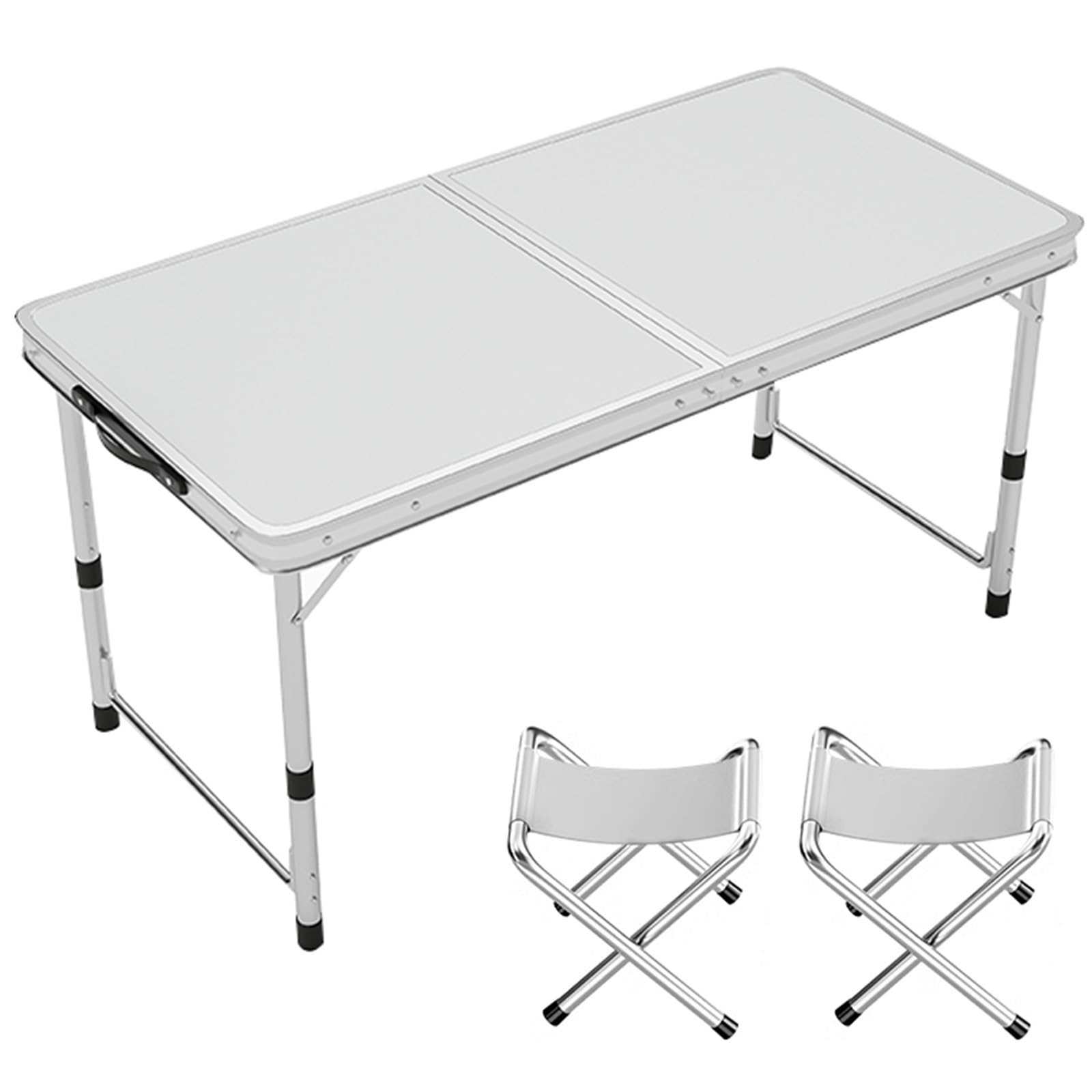 Regulowana wysokość przenośny aluminiowy składany stół na zewnątrz kemping wewnątrz biuro impreza piknik ślub - zawiera 2 taborety 120 x 60 cm biały