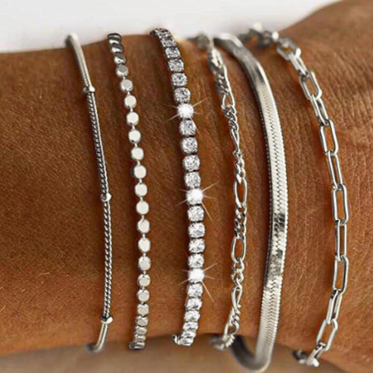 Image of Shining Diva Fashion Gold Plated Bracelet Set for Women & Girls | Set of 6 Trendy Chain Bracelets | Adjustable Layered Bracelet Combo for Daily Wear, Party, Office & Gifting