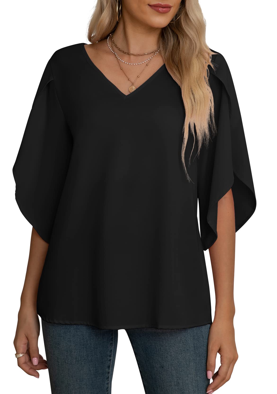 Yommay Damen Bluse Elegant V Ausschnitt Sommer T-Shirts Casual Leicht Chiffon Tunika Kurzarm Tops
