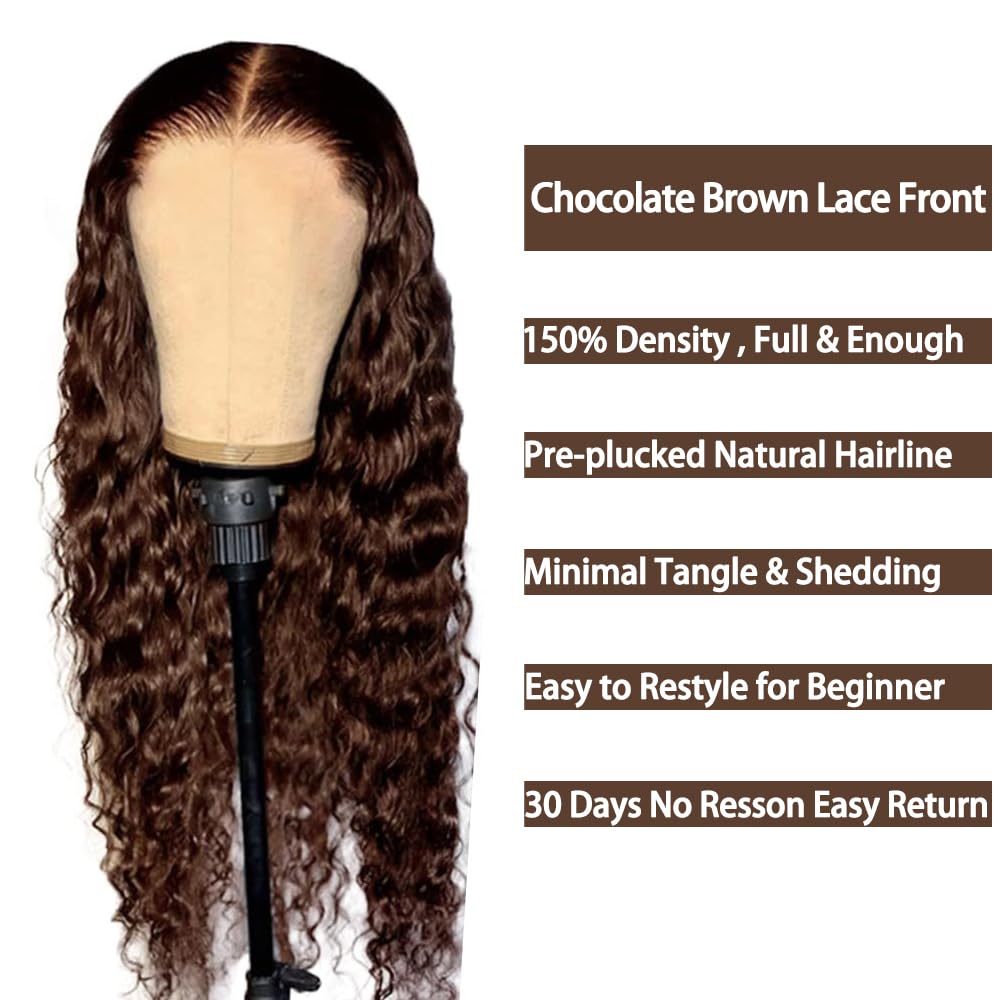 Lakaisa 32 Inch #4 Chocolate Brown Human Hair Wig Deep Wave Human Hair 13X4 Transparent Lace Front Wigs 150% Density Glueless Pre Plucked Natural Hairline for Women - Image 3