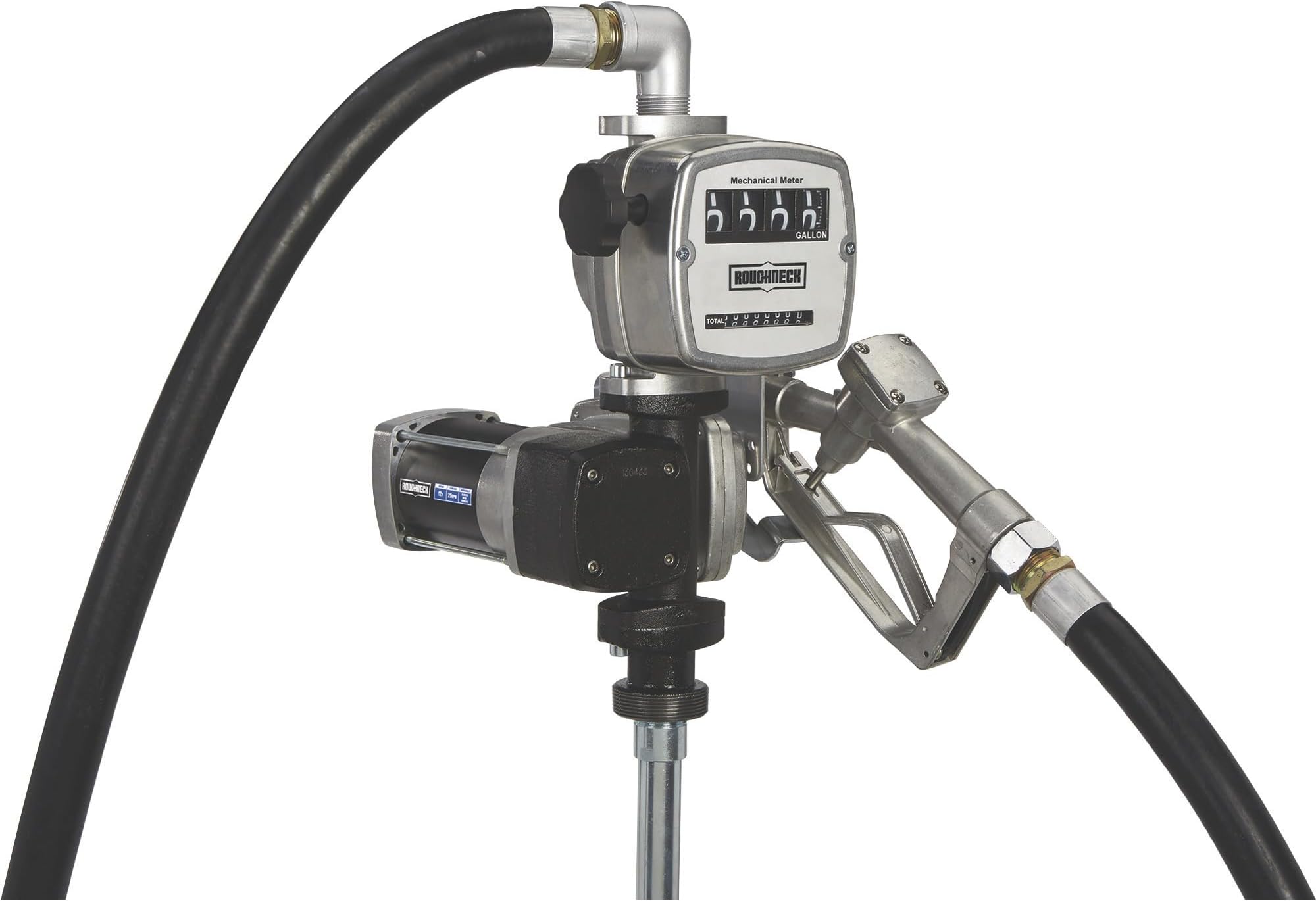 Roughneck Heavy-Duty Fuel Transfer Pump with Mechanical Meter - 20 GPM, 12 Volt DC, Manual Nozzle, Gasoline Compatible