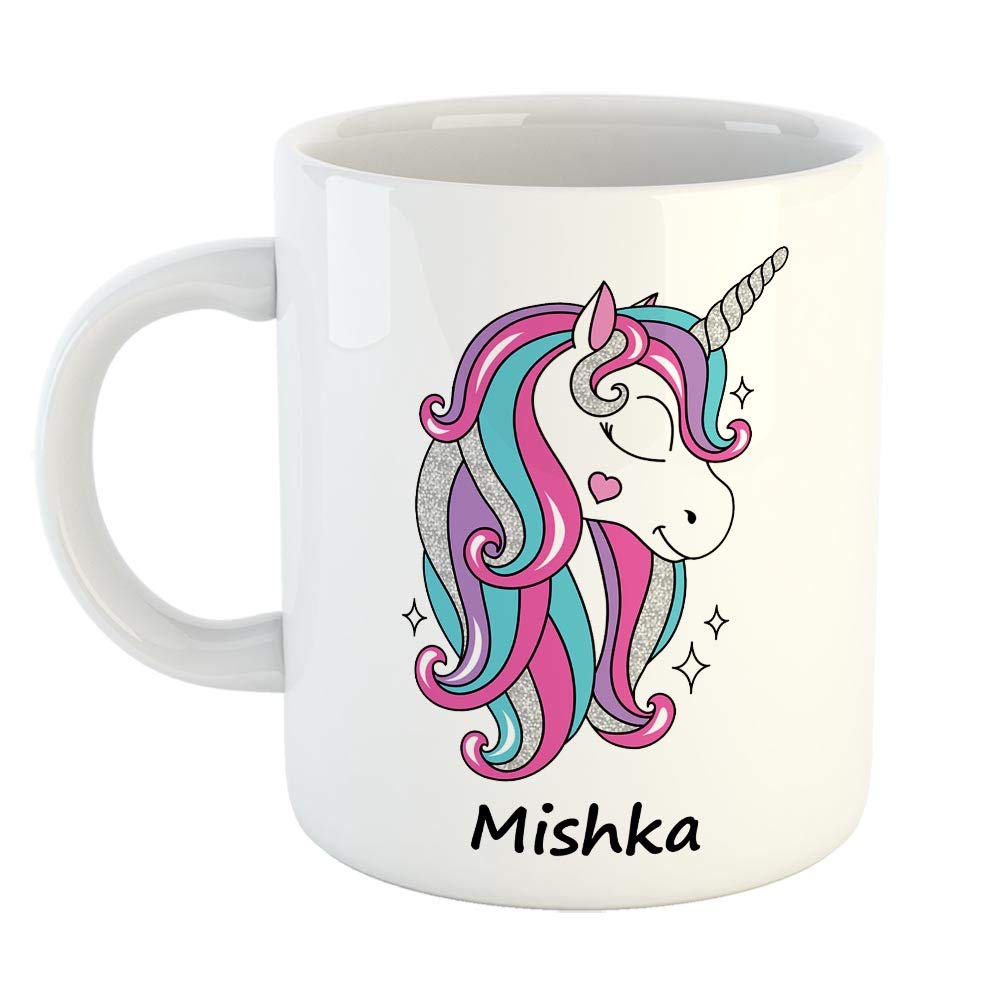 FurnishFantasy Unicorn Ceramic Coffee Mug - Best Happy Birthday Gift for Daughter, Sister, Gift for Kids, Return Gift - Color - White, Name - Mishka