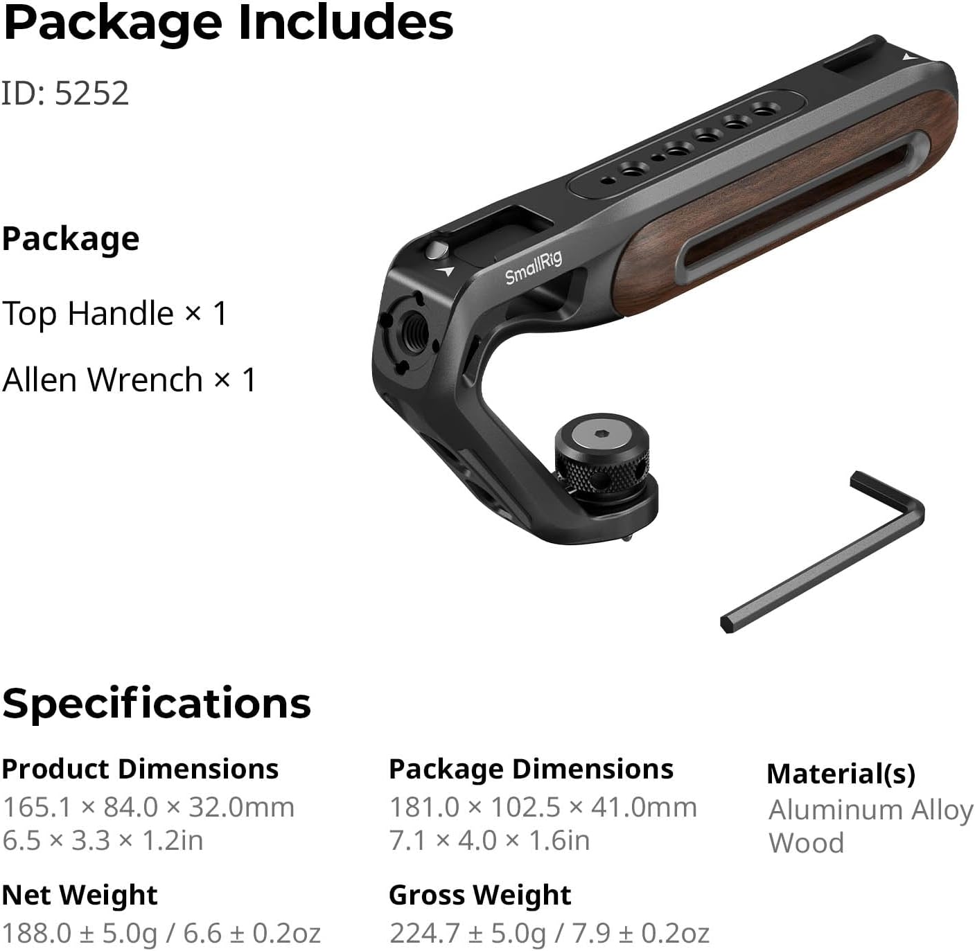 SmallRig Wooden Top Handle with Retractable 1/4''-20 and 3/8''-16 Locating Screw for ARRI, Max Load 15kg / 33.1lb for Universal Camera Cages and Rigs, 2 Cold Shoe Adapters to Mount Accessories- 5252 - Image 9