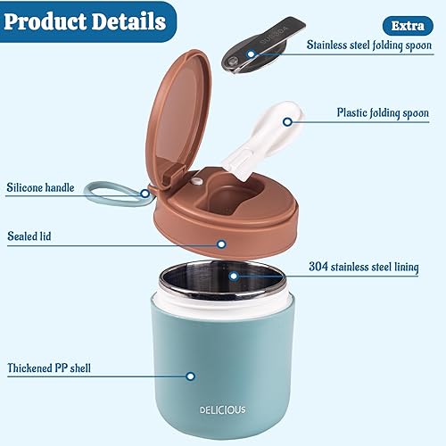 Miniatura 2 de Lonchera Bento de 14 onzas para comida caliente, lonchera Bento con cuchara plegable, a prueba de fugas, de acero inoxidable, con aislamiento, para