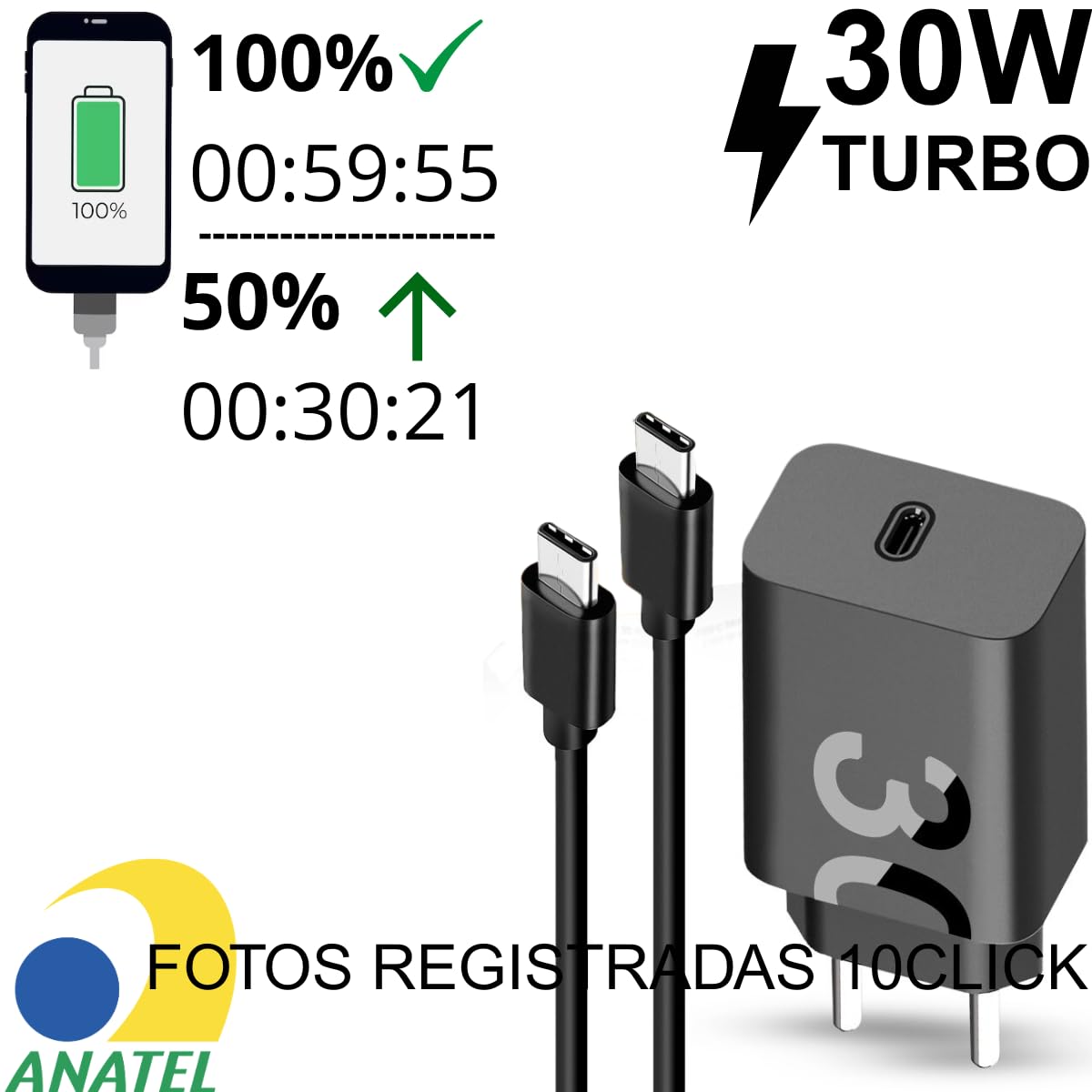 Carregador Turbo 30W Tipo-C PDCompatível Motorola Moto G54 G84 G34
