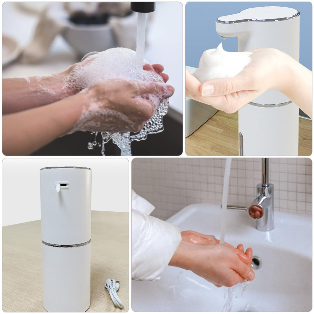 TEHAUX Dispenser Automatico Sapone Liquido Bianco Abs Sensore Infrarosso | Regolazione a Tre Livelli, Ricarica Usb, Controllo Touch, per Bagno Cucina Hotel Ristorante