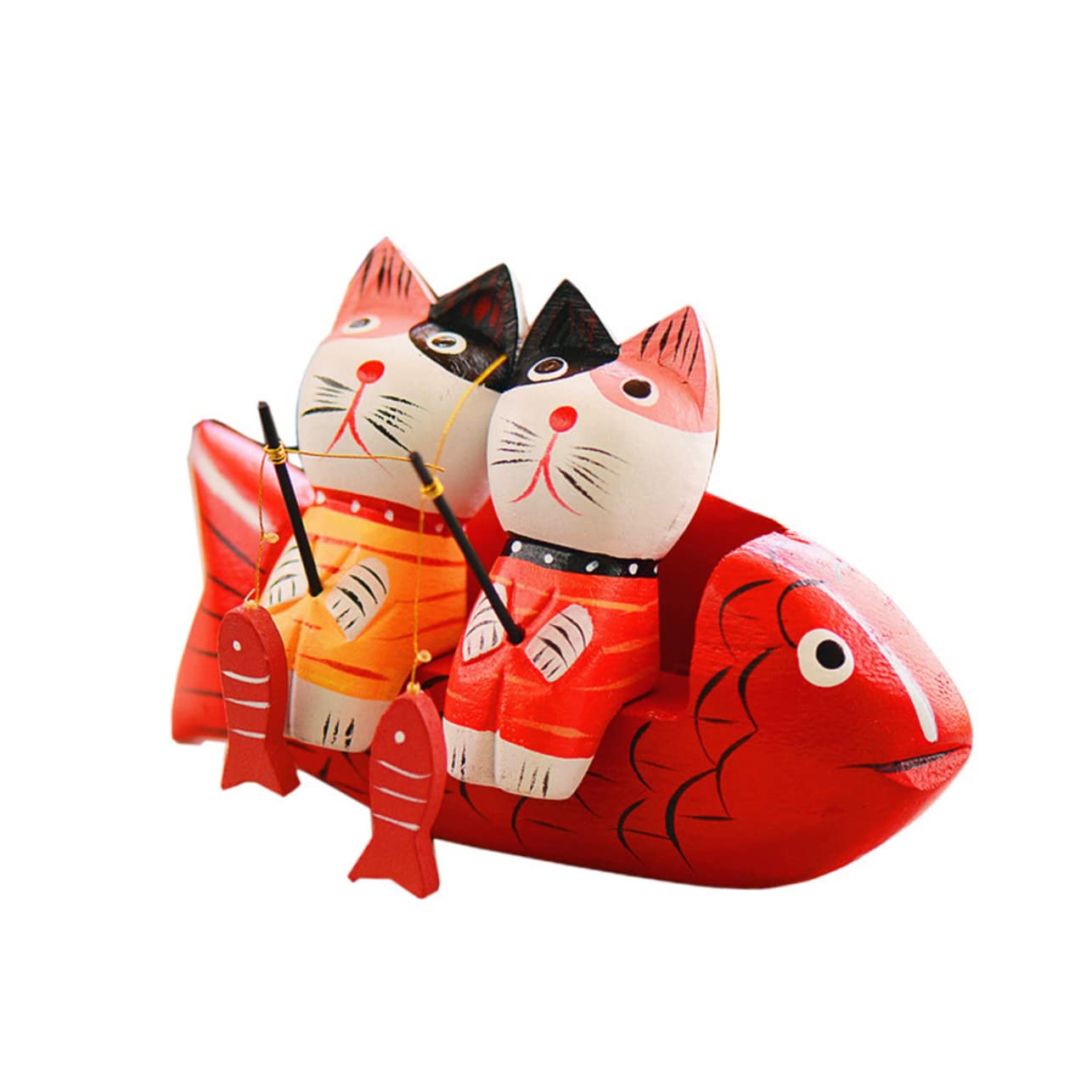 GLEAVI Creative Wooden Cat Couple Figurines Mini Fishing Cat Crafts Desktop Ornament for Home Bedroom Office Decoration