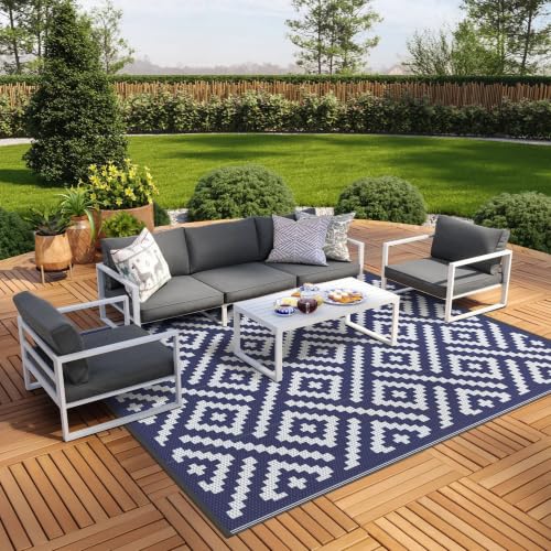 Image of GENIMO Outdoor Rug, Waterproof Plastic Rugs 9'x12' for Camping Blue White | Outside Larger Modern Carpet Mat for Porch Decor, Deck, Balcony, Camping, RV, Backyard, Picnic, Beach, Reversible, Foldable