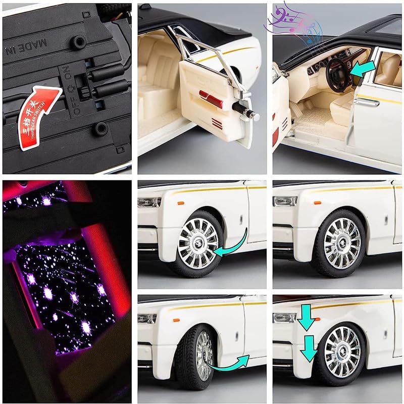 Image of Kids Model 1:24 Rolls-Royce Phantom Die Cast Metal Car Pull Back Action Opening Doors with Realistic Engine Sound Lights Toy Car Gift for Boys - White