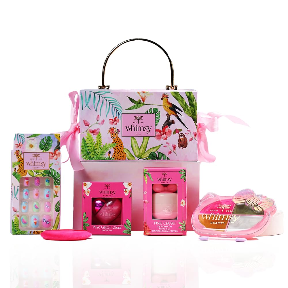 Whimsy Beauty Magical Clutch Makeup Kit for Kids & Pre-Teens | Non-Toxic Play Makeup Set with Eye Shadow Palette, Lip Tint, Lip Gloss, Press-On Nails & Puff Blender | Vegan & Cruelty-Free | Pack of 5-image-9