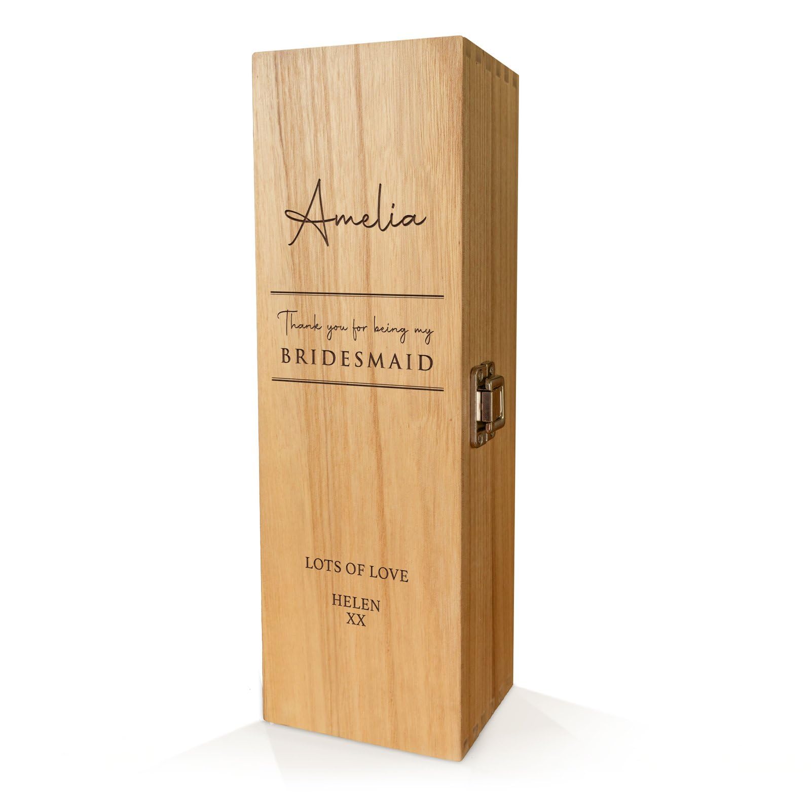 Personalised Wooden Wine Box with Hinged Lid – Custom Laser Engraved Gift with Wood Wool Filling - Bridesmaid Design