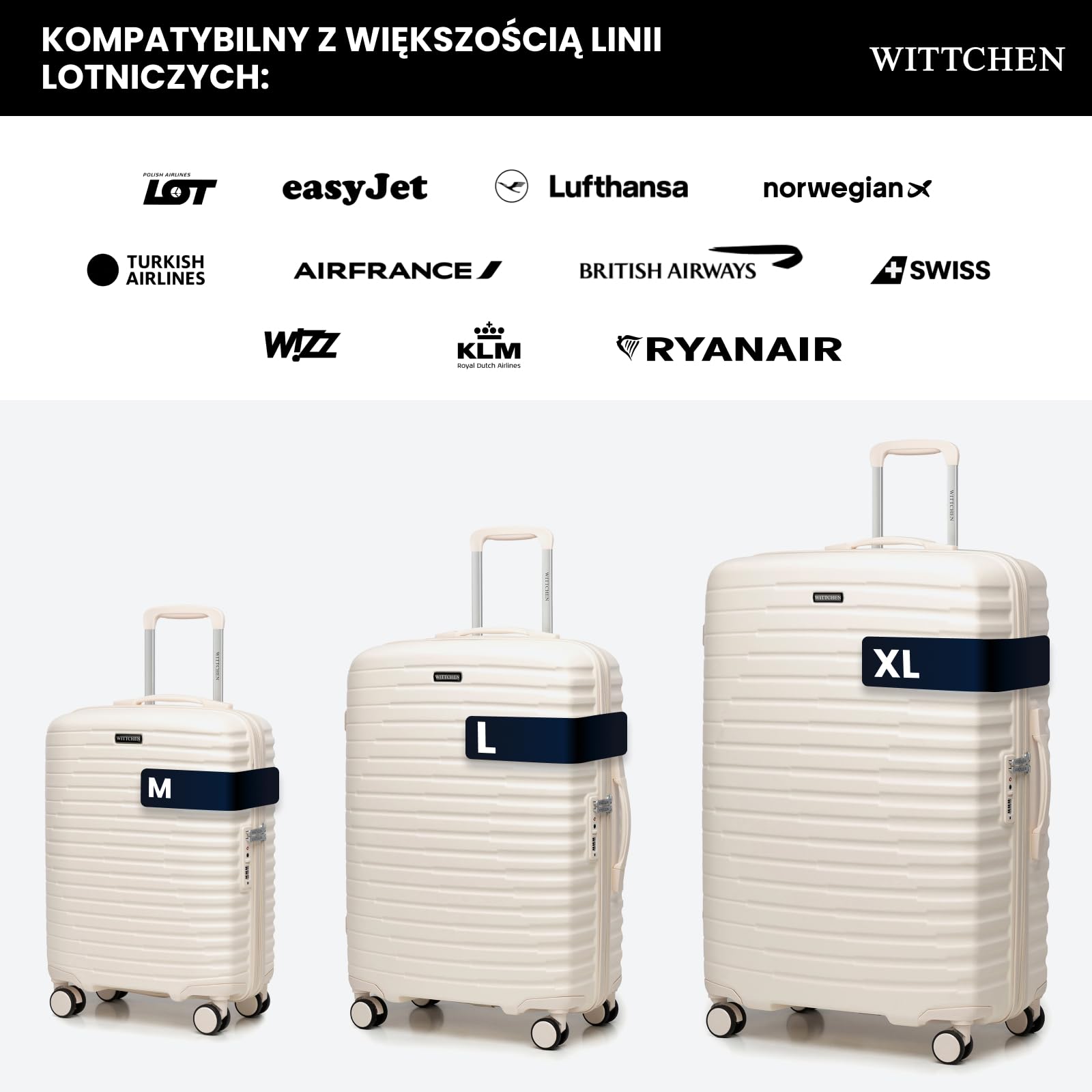 WITTCHEN Motion Line Zestaw walizek M L XL Twardy bagaż Polikarbon Zamek TSA Teleskopowa rączka 4 podwójne kółka 360° Kremowy