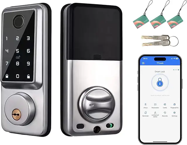 Imagen relacionada con Cerradura Inteligente con Wifi y Bluetooth, Cerradura Electronica con 5 Formas de Abrir, Cerraduras Inteligentes para Puertas Interior y Exterior, Posibilidad de Comprobar Los Registros de Desbloqueo