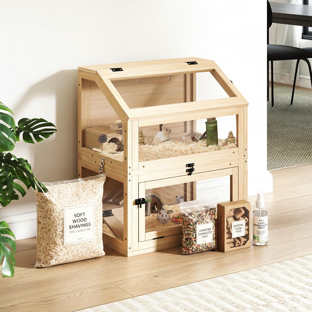 Nagarium - Jaula para hámster de dos pisos de madera natural con cristal acrílico – Grande 60 x 40 x 70 cm, jaula para ratas de libros, jaula de varios niveles con niveles separables y puertas